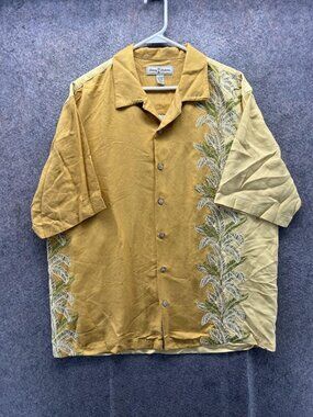 Tommy Bahama Shirt Mens Large Yellow Floral Linen Silk Short Sleeve Hawaiian